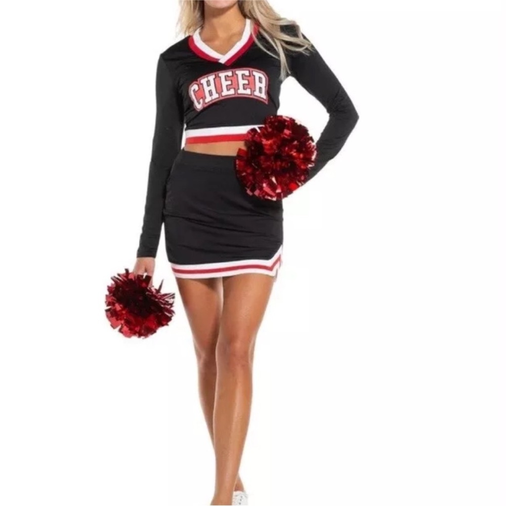 Cheer Set Women’s large 12-14 Adult Size 3 Pcs Top, Skirt, Pom Poms Black/red/w